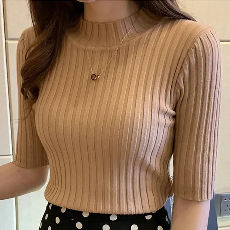 Beige ribbed knit blouse for women with short sleeves