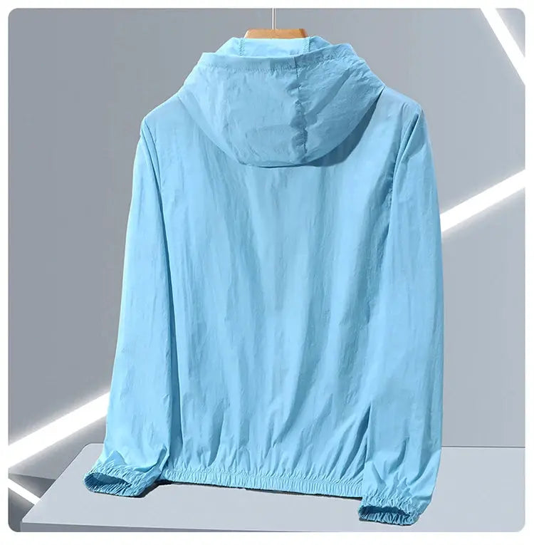 Light blue hooded UV-protection jacket for men, breathable summer ice-silk outerwear