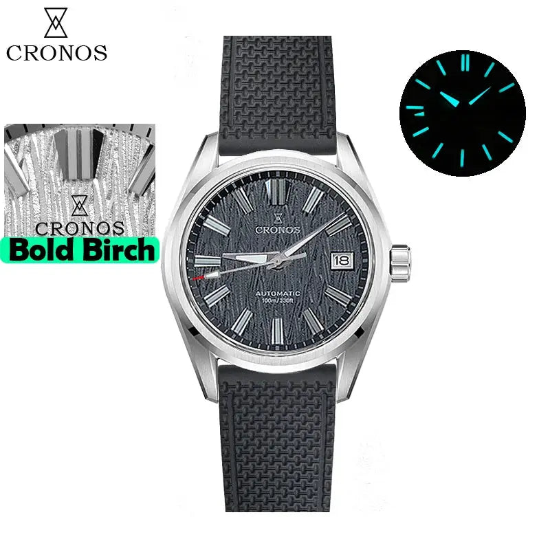 Cronos men's watch, 39mm automatic Miyota 9015, white birch-pattern dial, sapphire crystal, solid-link strap, 10 ATM