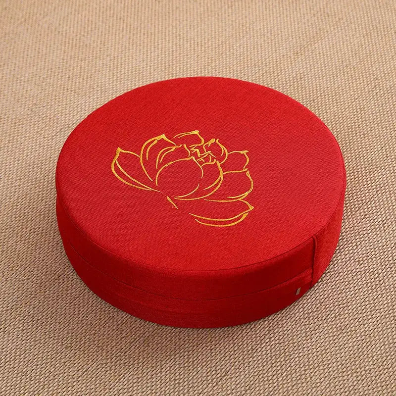 Red round meditation cushion with lotus embroidery, Simples Market linen cover, 40x6 cm, removable washable