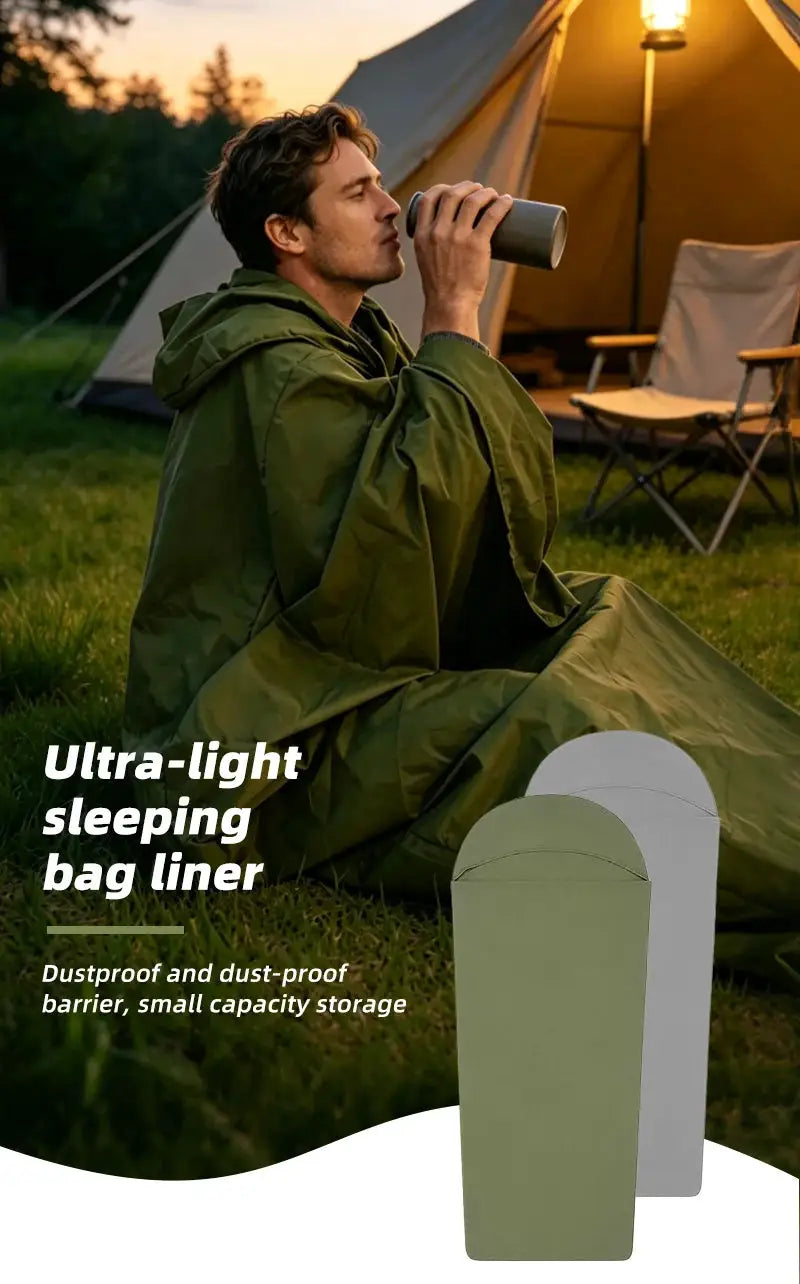 Simples Market ultra-light sleeping bag liner; olive green color with envelope packaging at a campsite