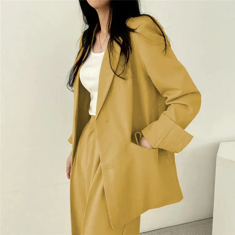 Women's camel long-sleeve blazer with matching pants two-piece outfit set