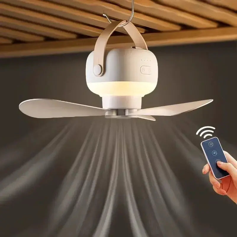White portable wireless mini ceiling fan with remote and night light by Simples Market