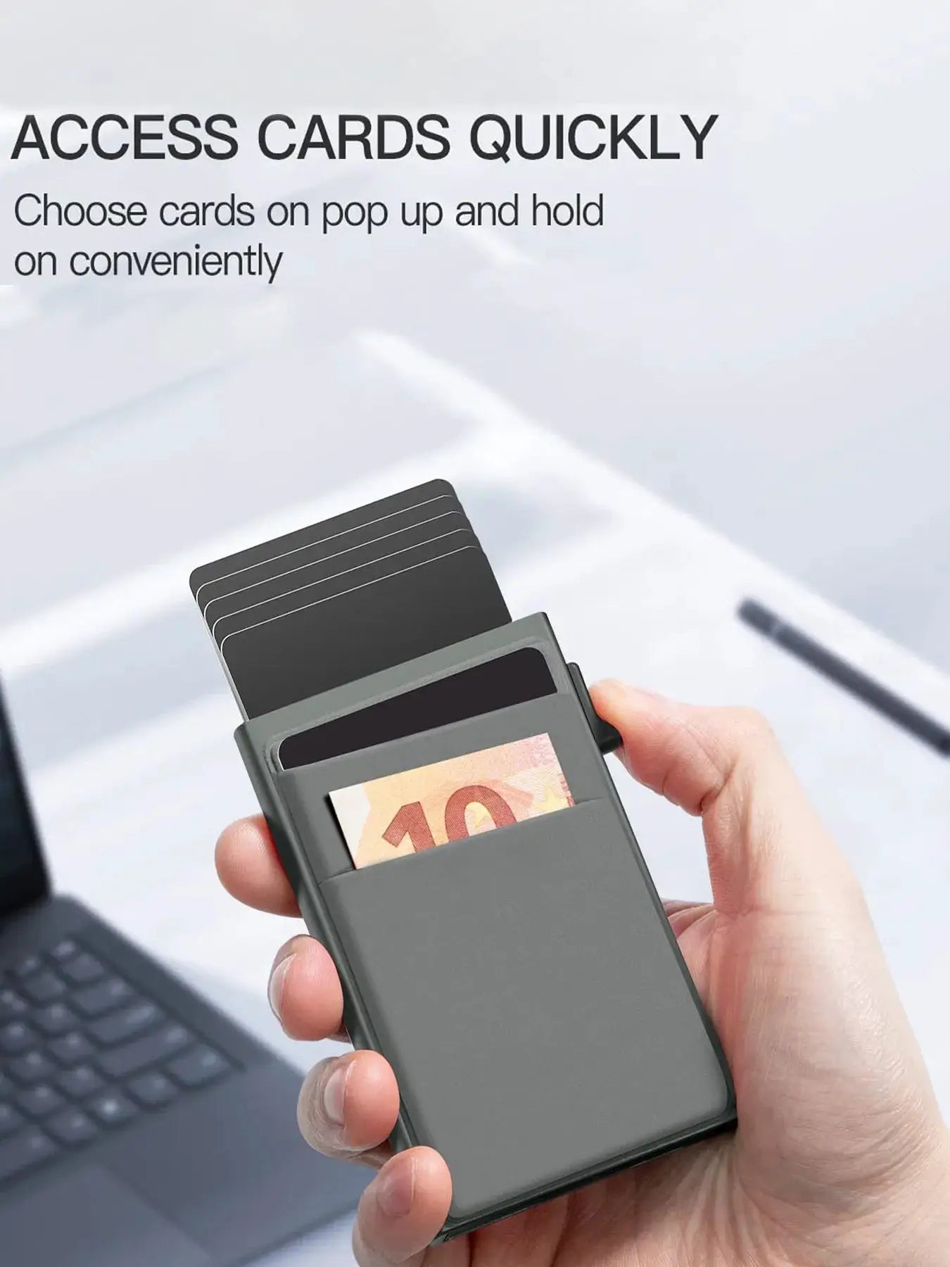 Card holder wallet by Simples Market with anti-theft RFID protection in gray aluminum, compact with card slots