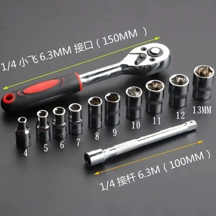 12 Piece Auto Repair Tool Set With Socket Wrench Combination Chrome Plated Steel Hardware Toolbox