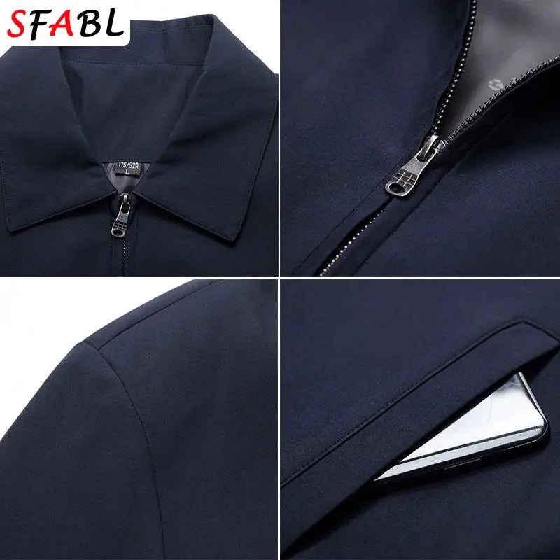 SFABL navy blue solid color men's casual business jacket with front zipper