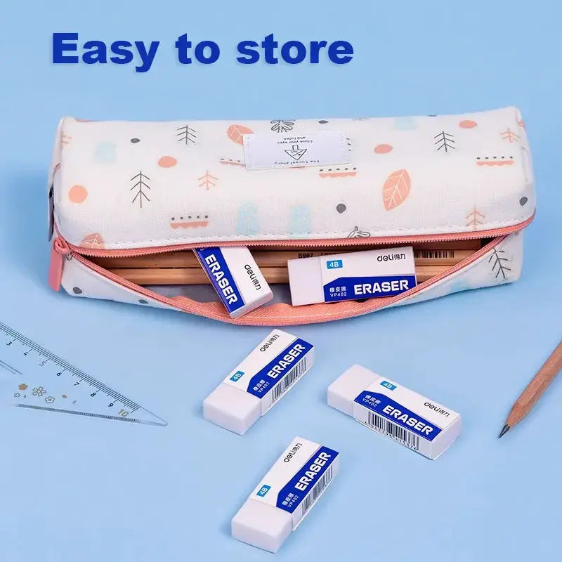 Deli eraser set with white erasers and blue labels beside a pastel-patterned zipper pencil case