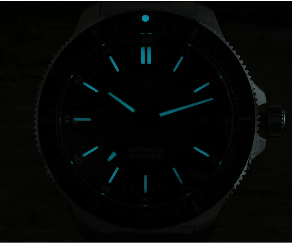 San Martin 40mm dive watch with teal luminous markers on black dial and stainless steel case