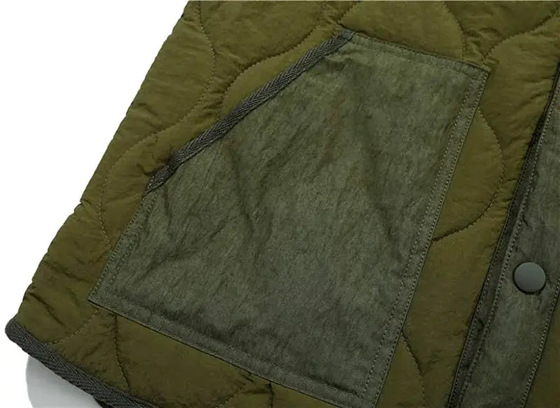 Vintage cotton padded vest for men, olive green quilted sleeveless jacket with a dark gray front pocket