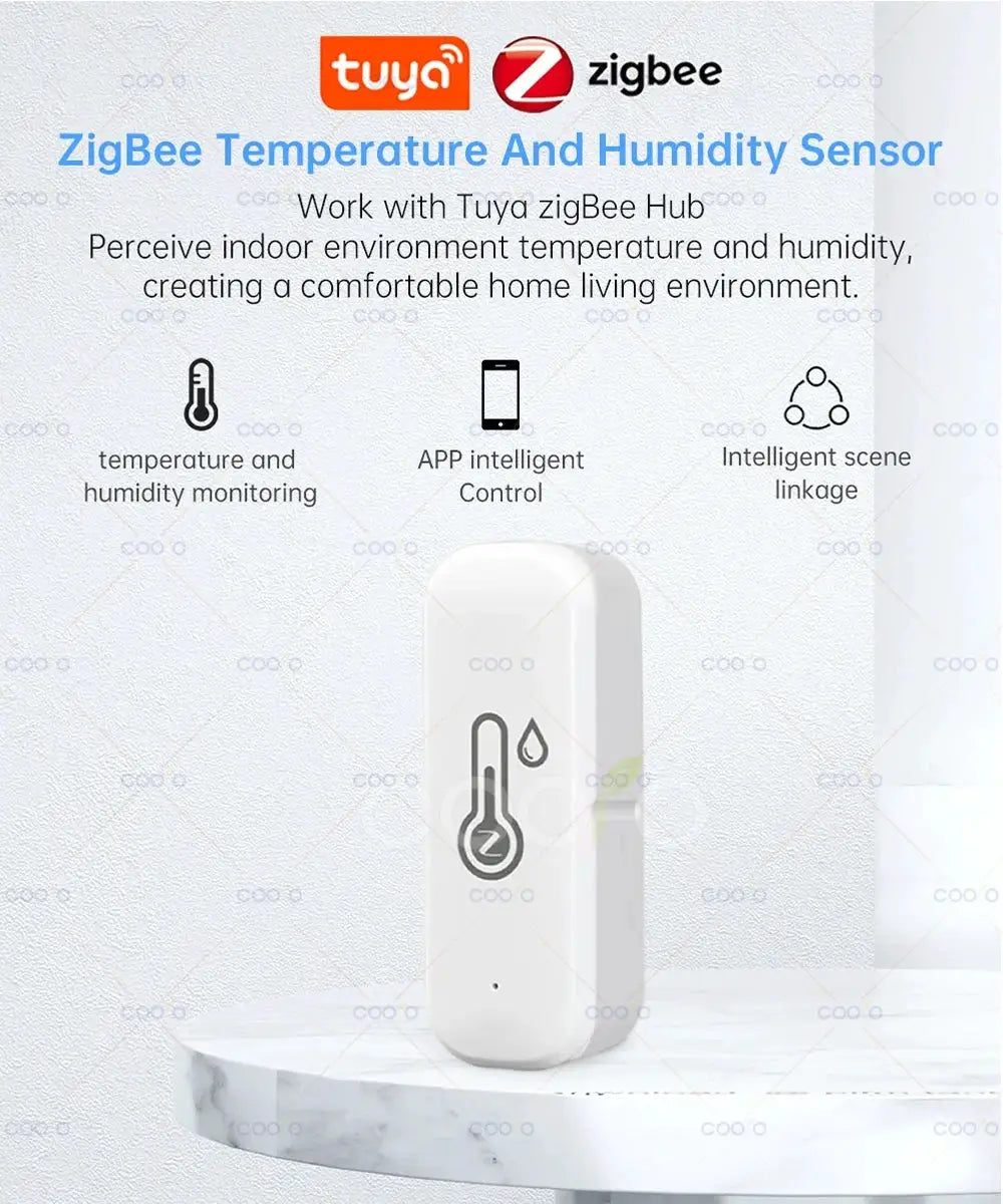 ZigBee 3.0 temperature and humidity sensor, white compact hygrometer by Simples Market with Tuya and Zigbee logos