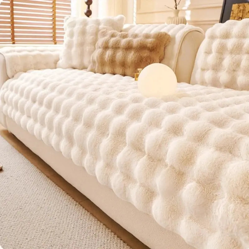 Faux fur sofa slipcover by Simples Market, cream thick plush non-slip couch cover.