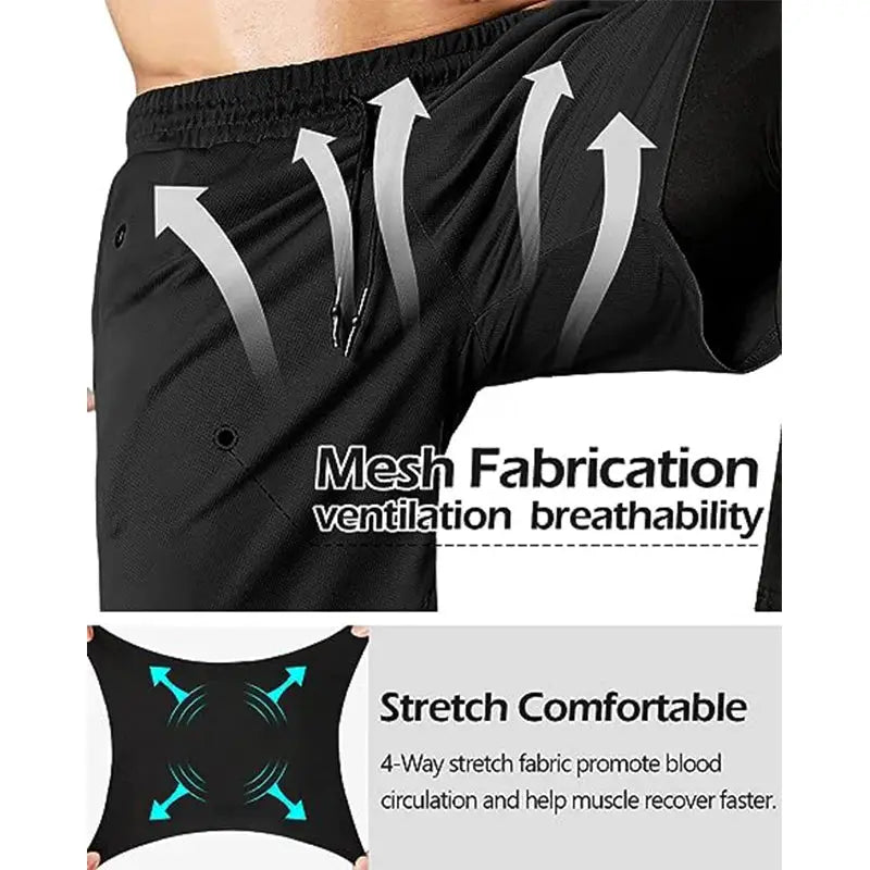 Men's black athletic joggers with mesh ventilation and 4-way stretch fabric.