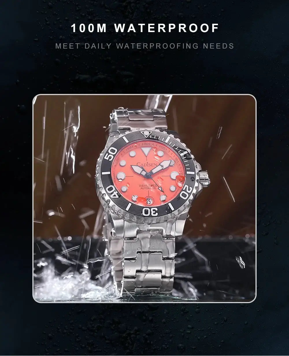 Cadisen Aqua Diver stainless steel men's automatic watch with pink dial and black bezel, 100m water resistant