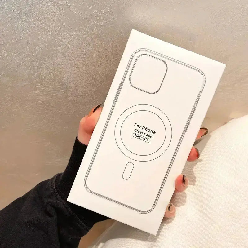 Clear MagSafe iPhone case in packaging, magnetic wireless charging compatible