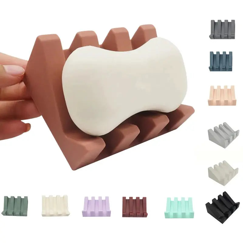 Silicone soap dish and drain rack with tilt design; brown color with multiple color options shown.