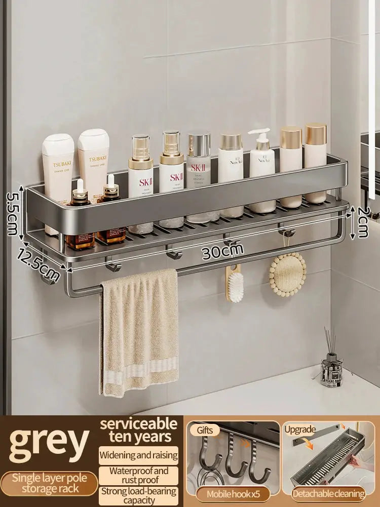 Aluminum wall-mounted kitchen rack with upper shelf, lower towel bar and hooks in gray