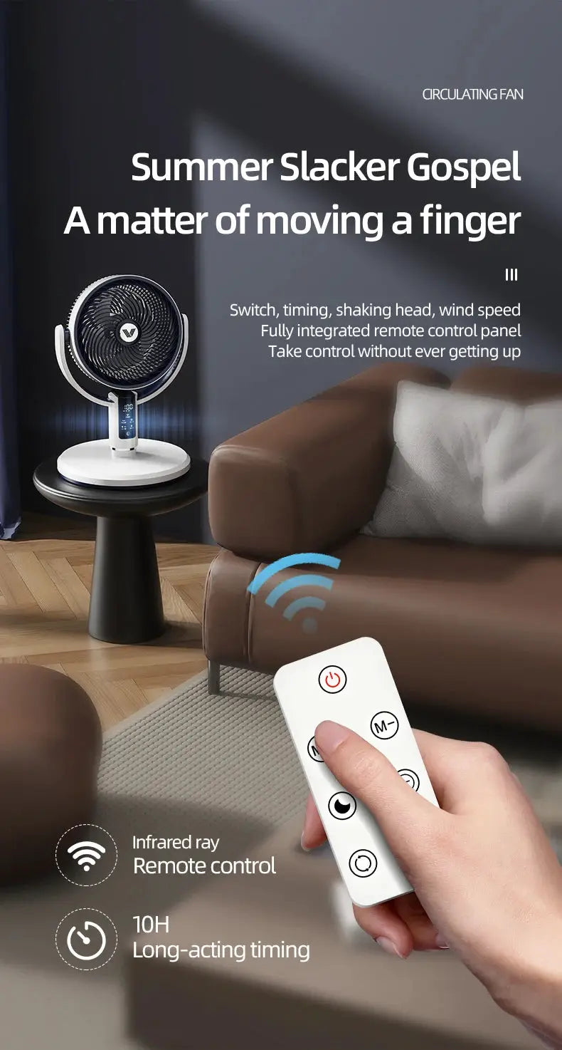White floor fan with remote control beside a sofa; circular black grill, white stand, living room setting.