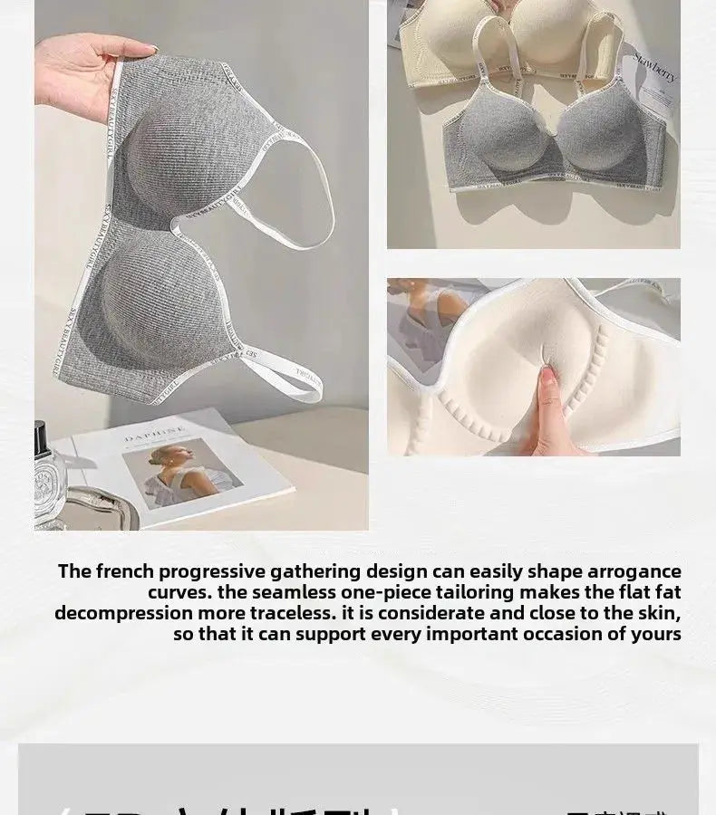 Push-Up Bra by Simples Market, 6cm thickened wireless seamless style in grey and beige with adjustable straps
