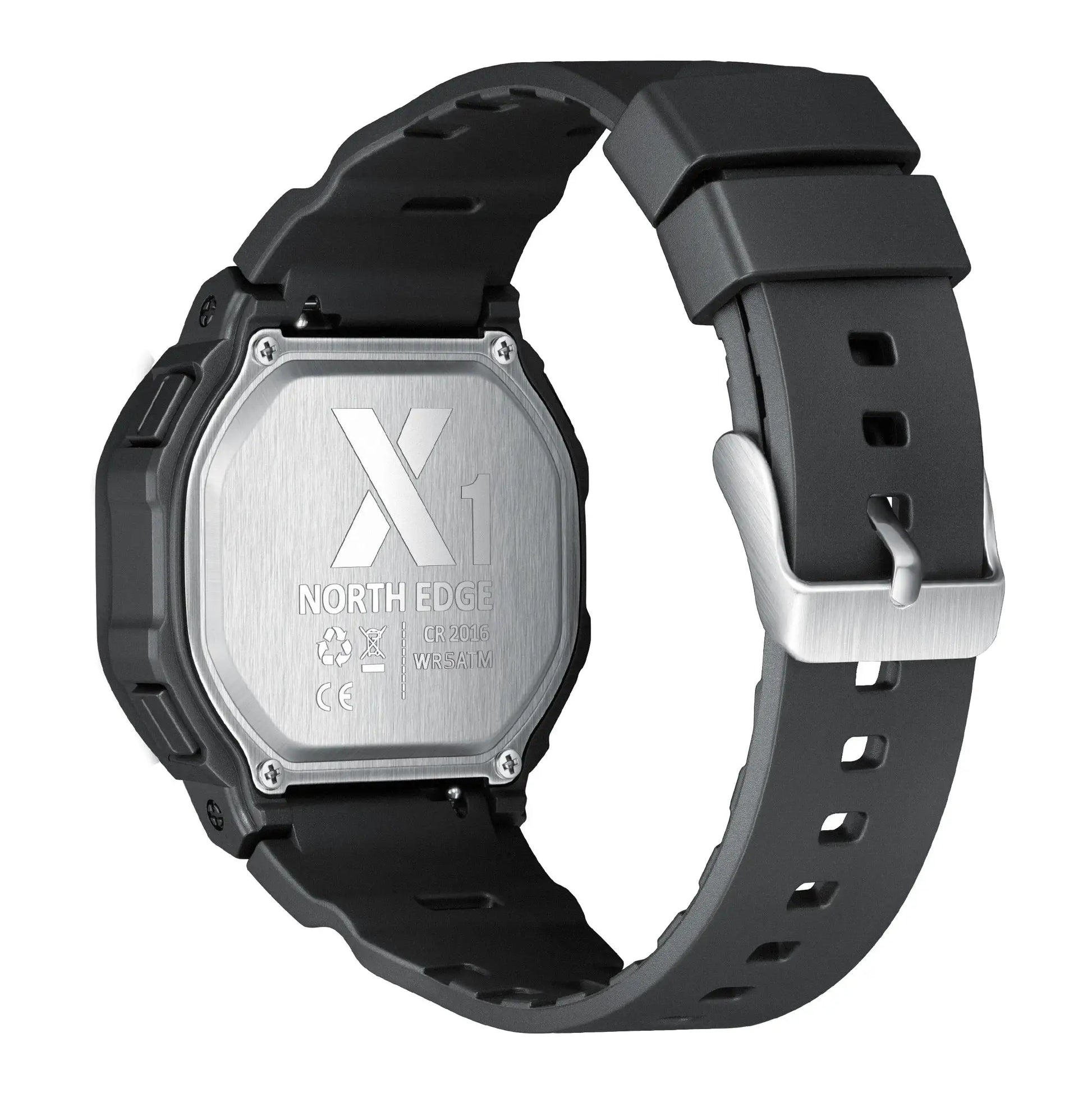 North Edge X1 square-screen digital sports watch, black strap, stainless steel back, 50m water resistant