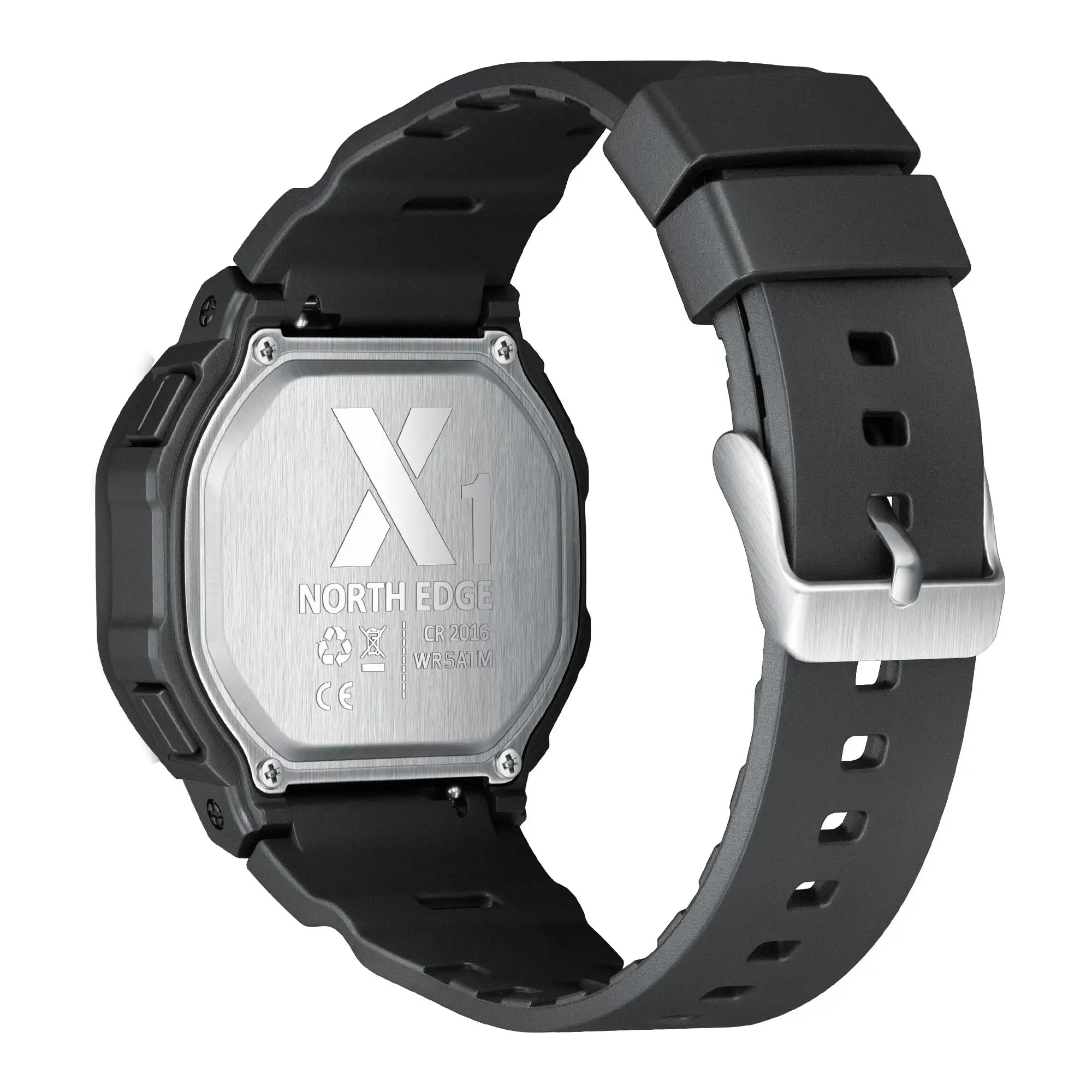 North Edge X1 square-screen digital sports watch, black strap, stainless steel back, 50m water resistant