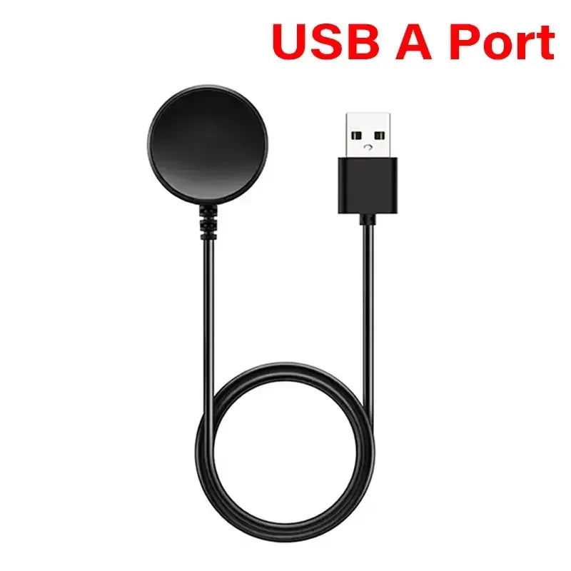 Samsung Galaxy Watch magnetic charging puck with black USB-A cable
