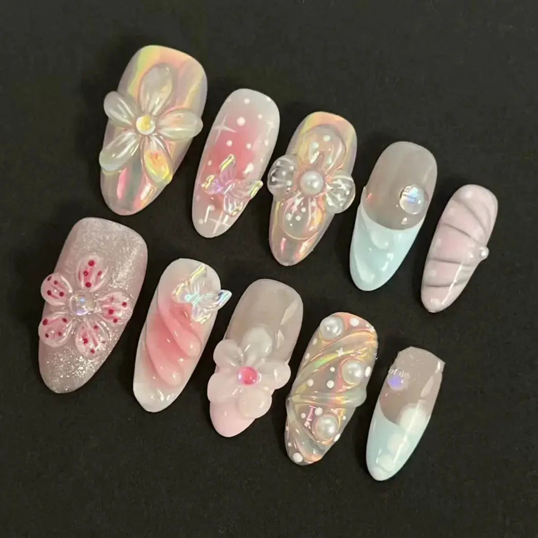GlamNail Pink Almond Press On Nails Full Coverage Carved Flower 3D Ripple French Tips Golden Pearl Finish