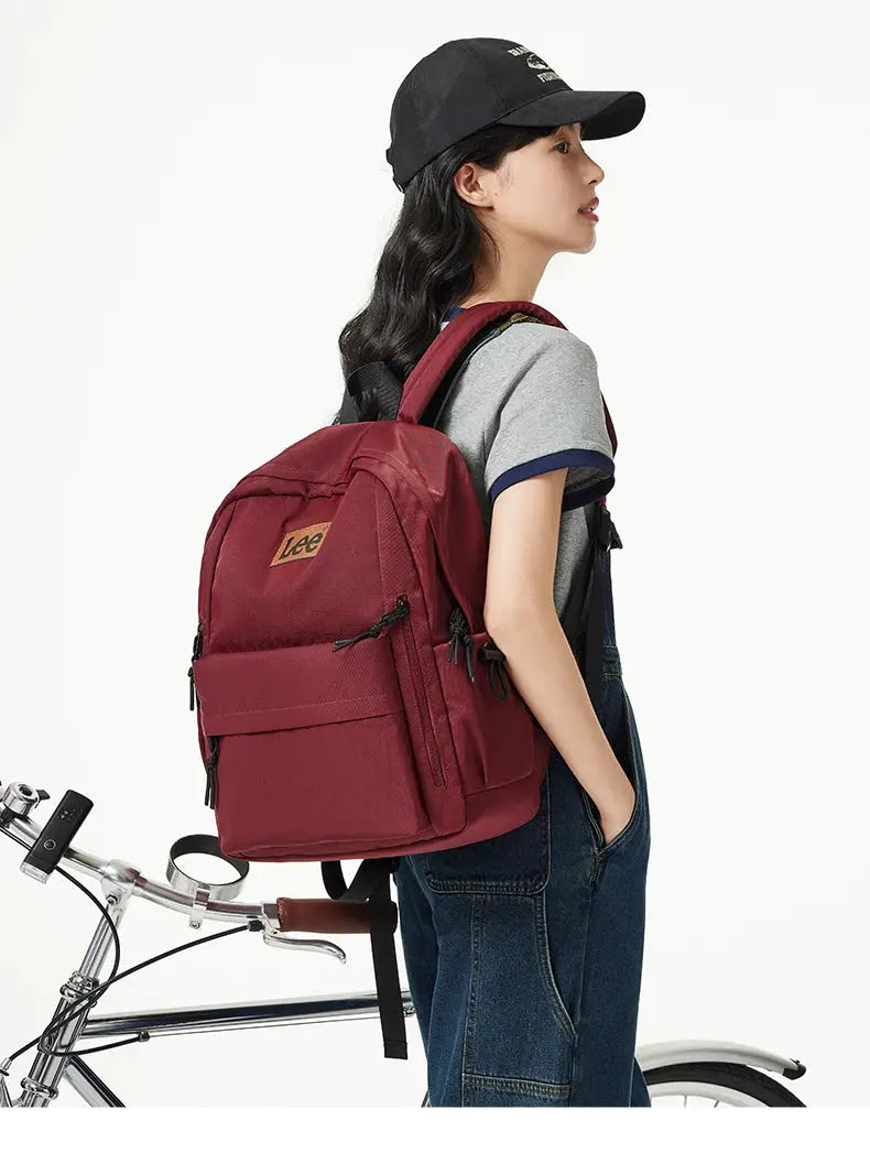 Lee lightweight 16-inch laptop backpack, burgundy Oxford fabric, large-capacity schoolbag