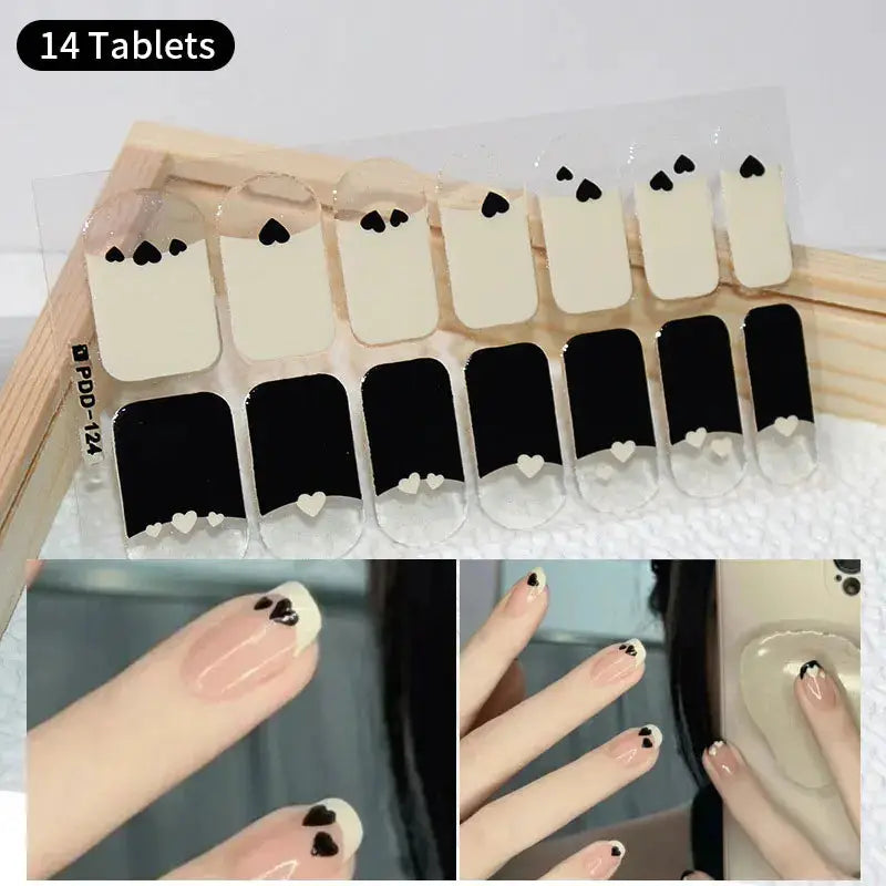 Full-cover nail sticker set, 14 nude and black heart-tip decals for self-adhesive manicure