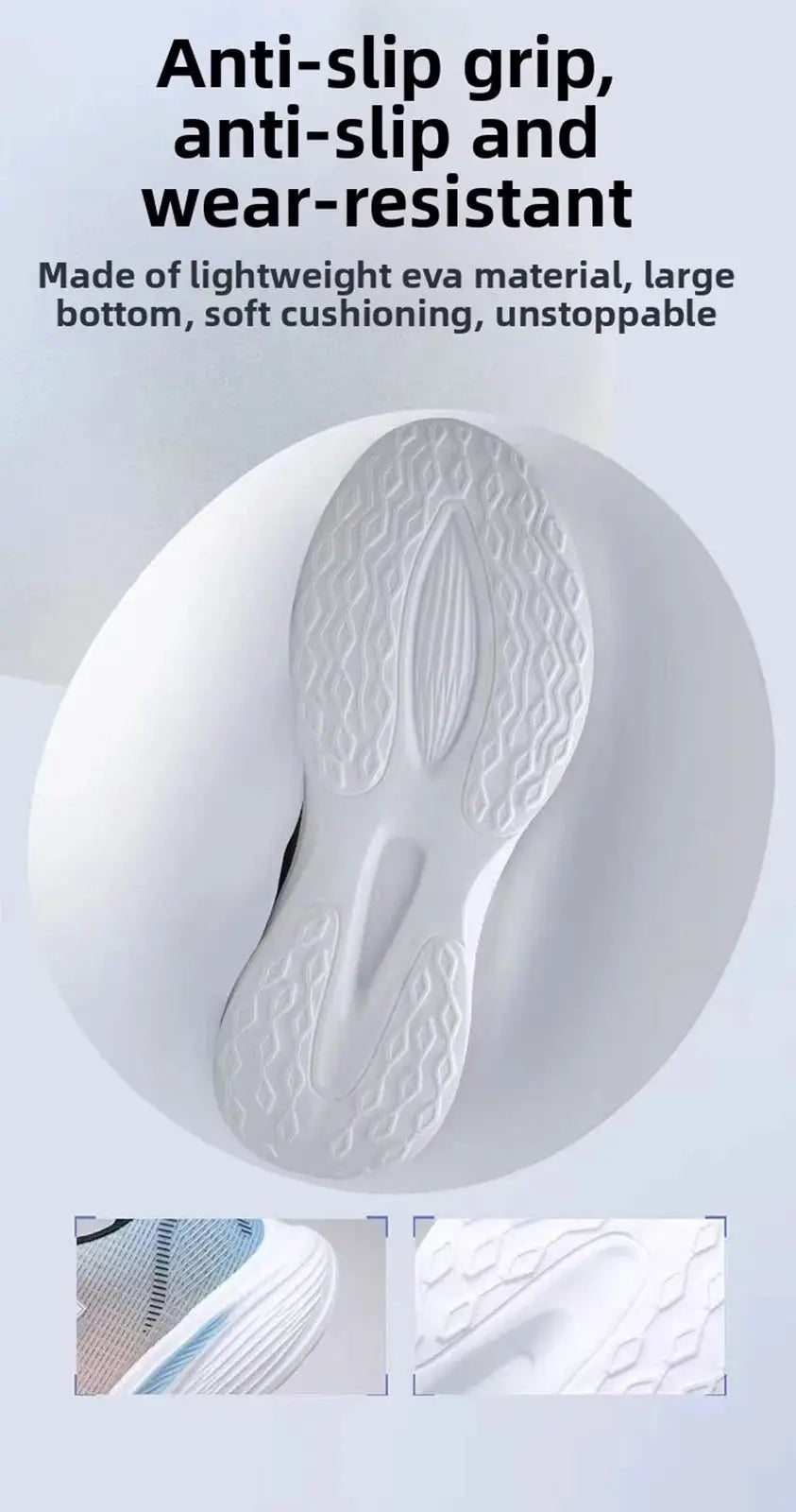 Men's running shoes with white anti-slip outsole; inset shows light blue/gray upper.