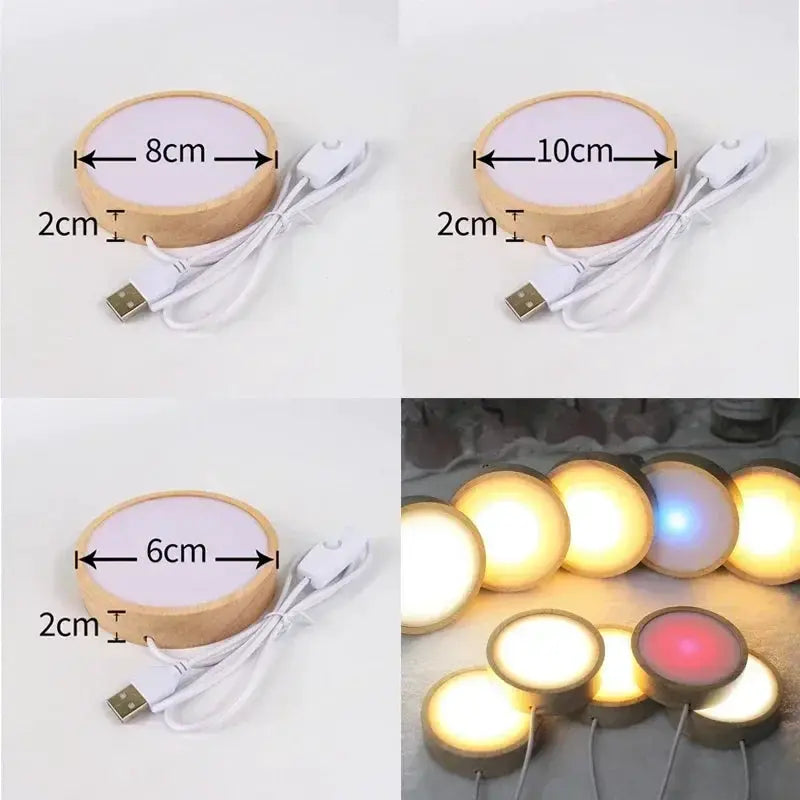 Round wooden LED night light base in 6/8/10 cm sizes, USB powered; 1–4 pcs included