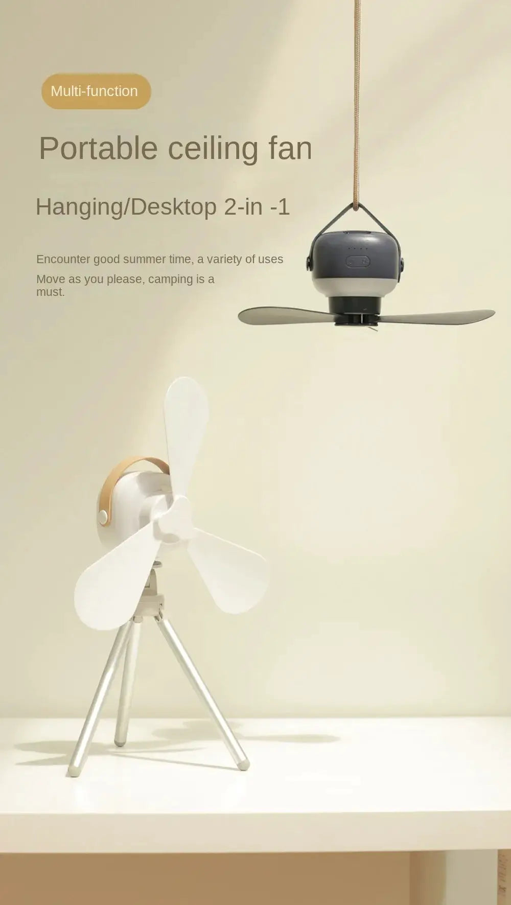 Portable ceiling fan by Simples Market with gray body and white tripod desk fan, 2-in-1 hanging/desktop set with two fans