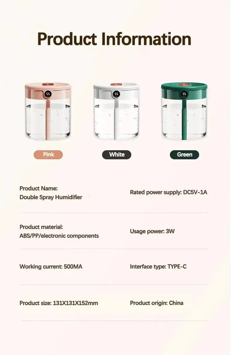 Dual Spray Humidifier USB Large Capacity Home 2L Quiet Bedroom LED Digital Display Night Light Office Desktop Mini Diffuser