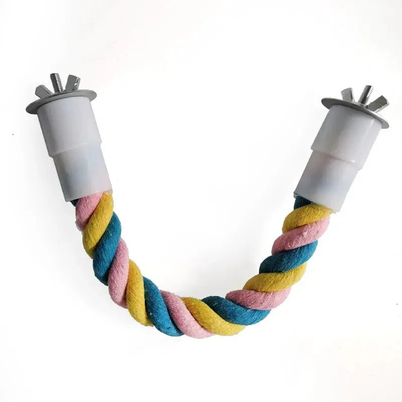 Parrot bite toy with multicolor cotton rope and white plastic end caps, Simples Market