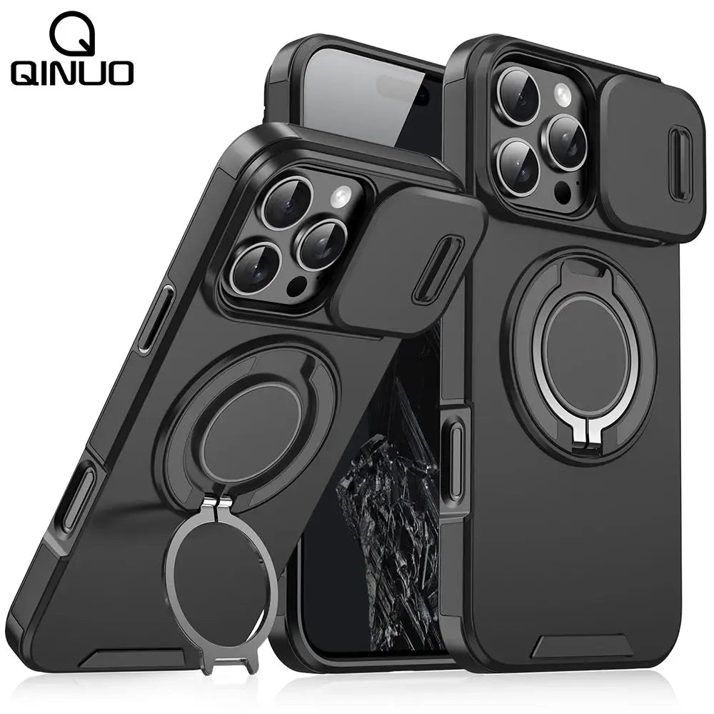 QINUO rugged magnetic stand case for iPhone with MagSafe, black with built-in kickstand ring