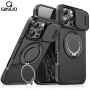 QINUO rugged magnetic stand case for iPhone with MagSafe, black with built-in kickstand ring
