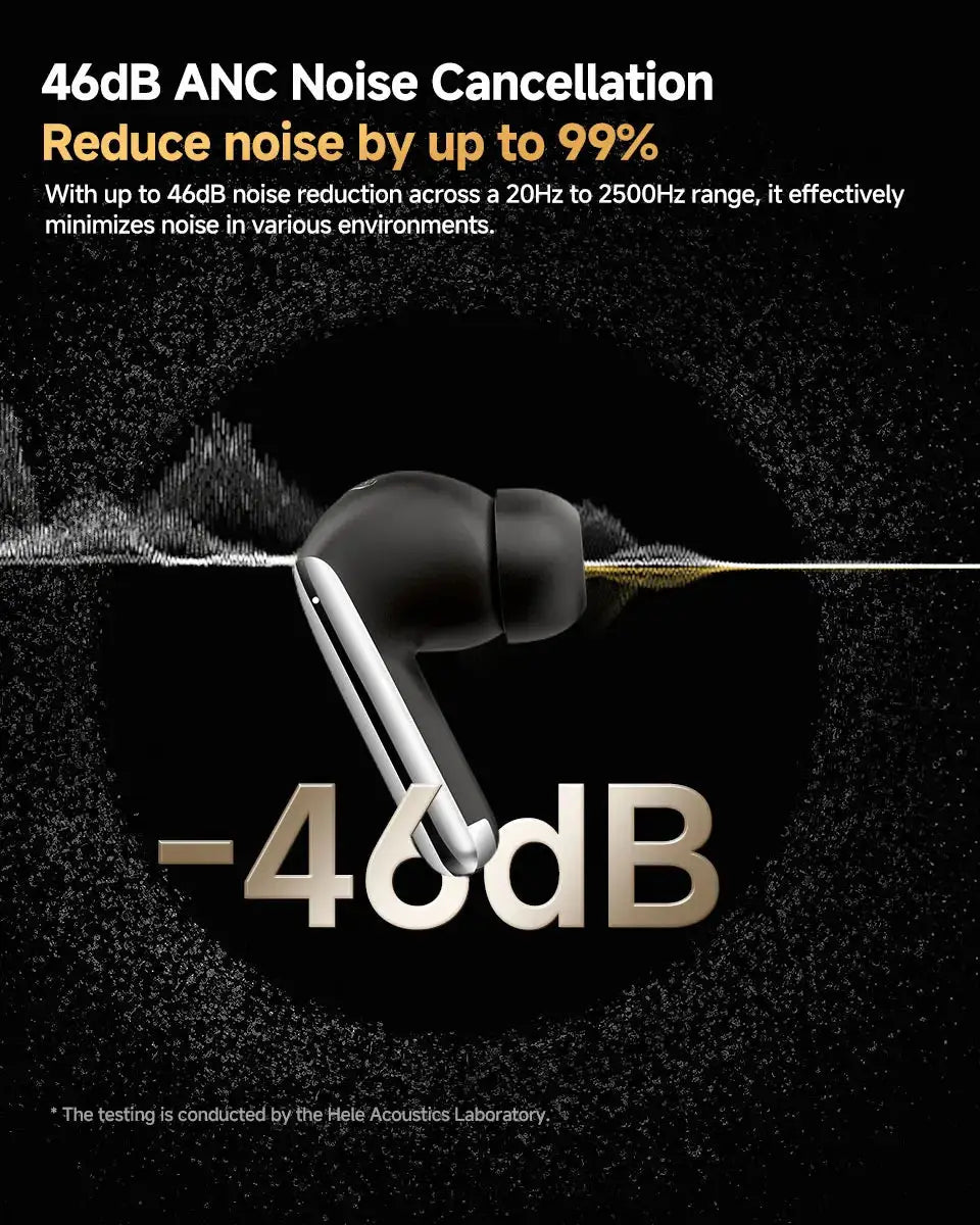 QCY MeloBuds Pro wireless earphones, black in-ear earbuds with a silver stem, 46dB ANC.