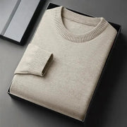 Beige men's crewneck knit pullover sweater by Simples Market, lightweight solid color, folded in box.