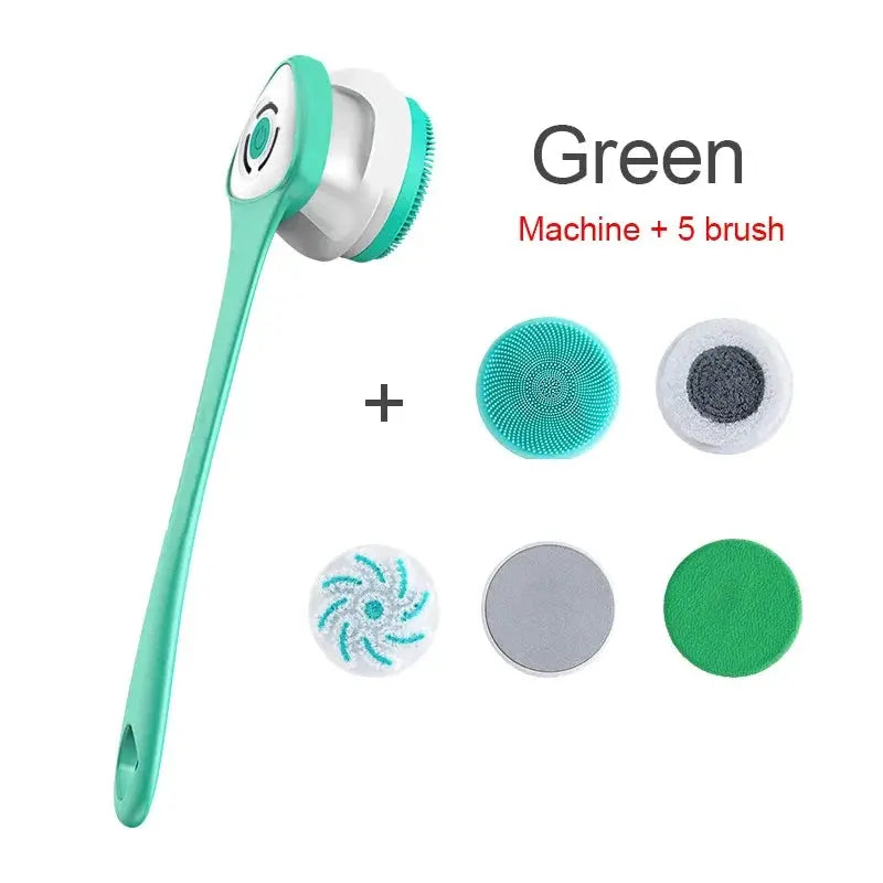 Green long-handle electric shower cleaning brush with 5 silicone scrubber heads