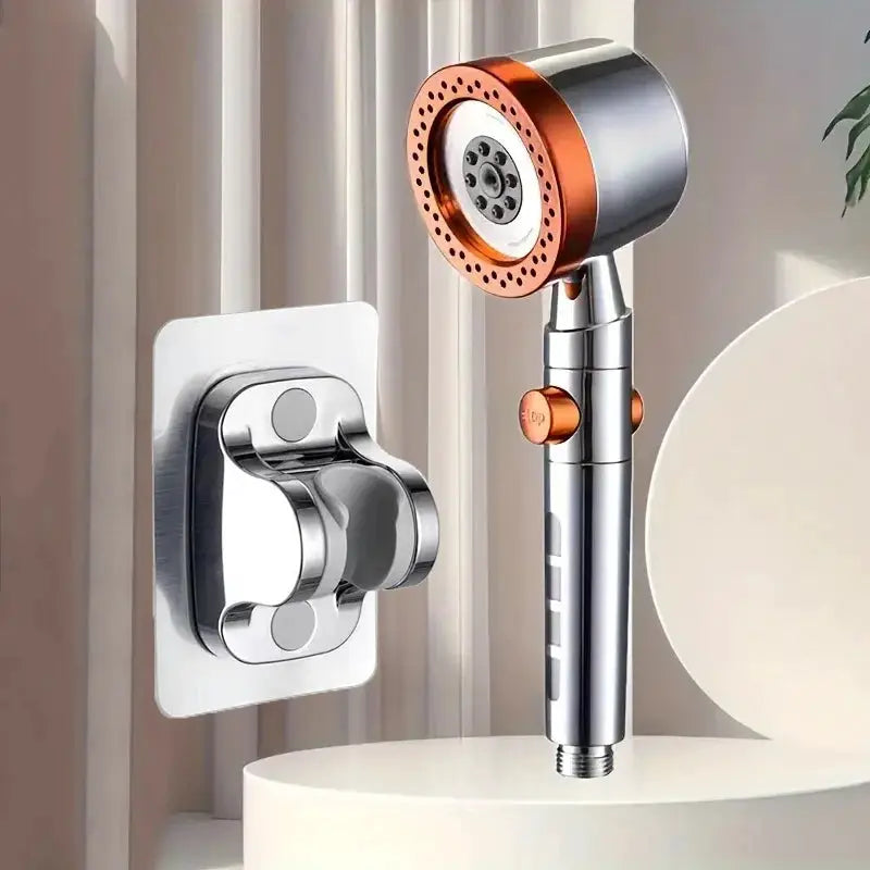 Simples Market handheld shower head with 5 modes and one-button stop, chrome with orange ring.