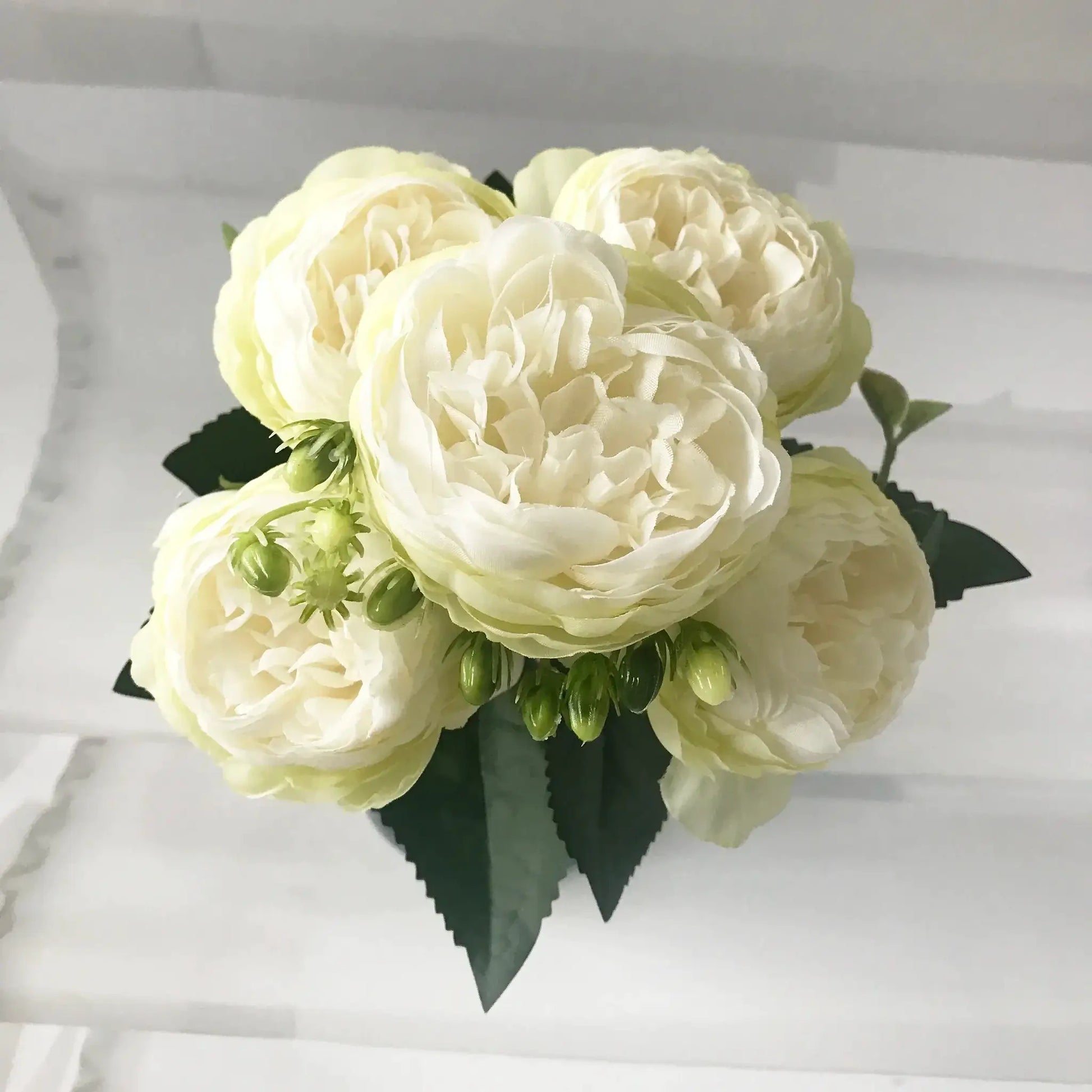 Simples Market 30cm ivory silk peony bouquet with five large blooms and four buds.