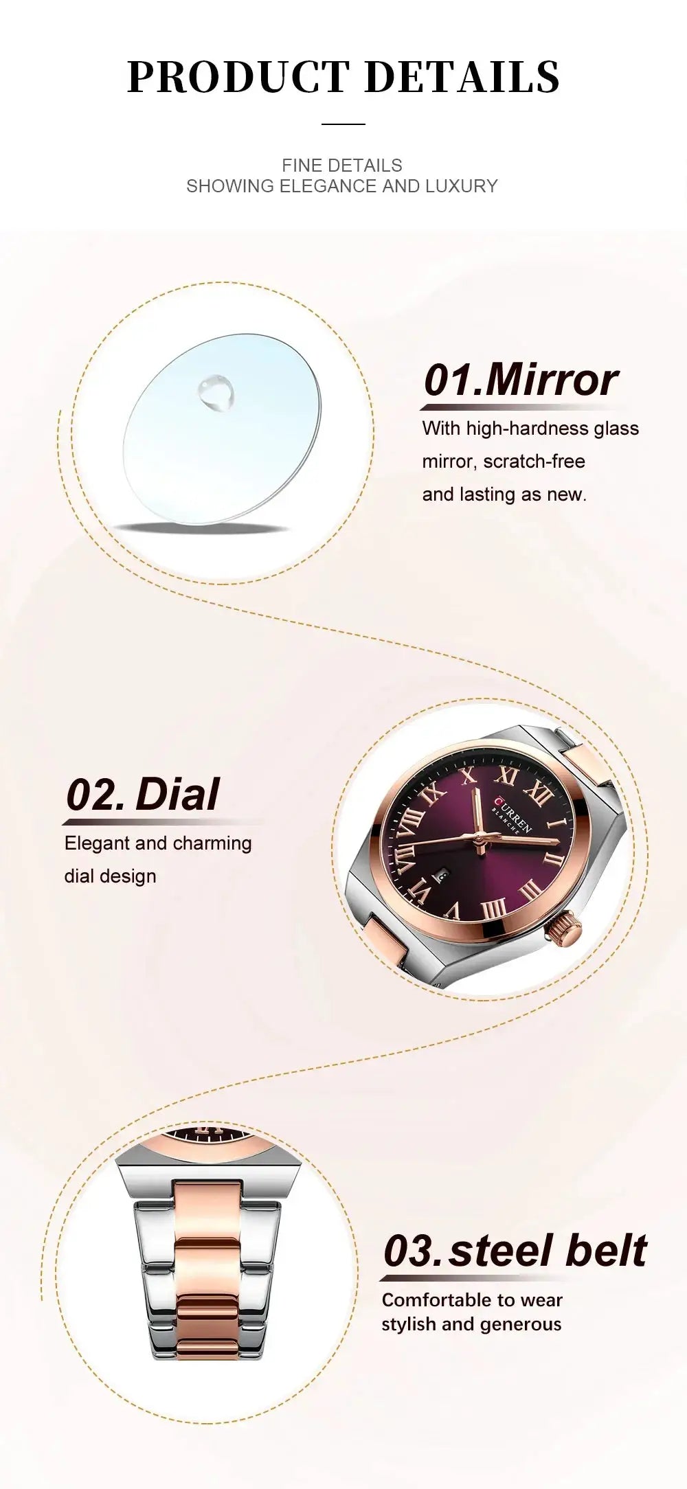 CURREN women's analog watch with burgundy dial and two-tone stainless steel bracelet