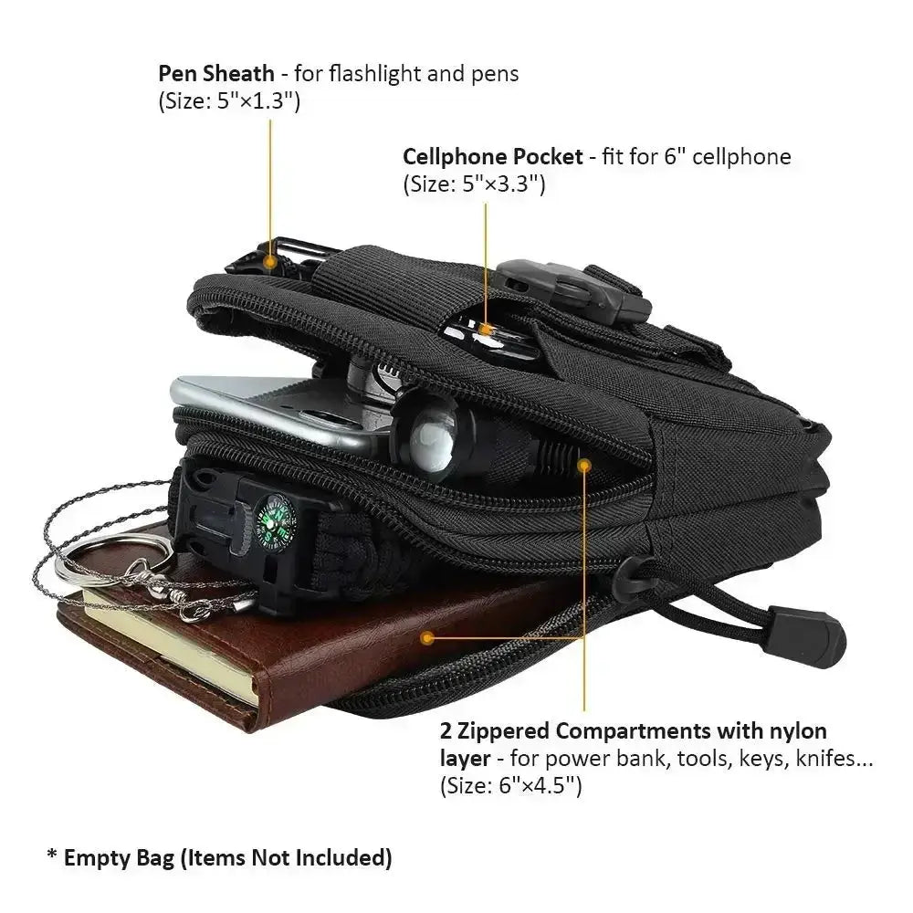 Leg waist pack belt bag by Simples Market in army camouflage with cellphone pocket, pen sheath, and two zip compartments