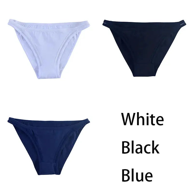 3-pack women's cotton bikini panties in white, black, and blue by Simples Market