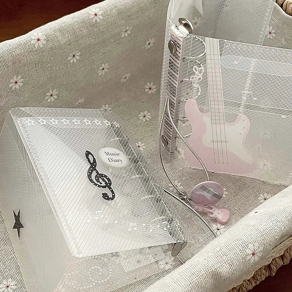 Simples Market two-piece music-themed binder album set; clear PP plastic M5 tri-fold with tie closure