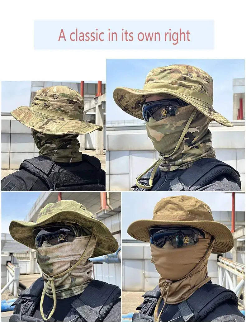 Simples Market camouflage boonie hat with neck gaiter and mask plus sunglasses for outdoor hiking