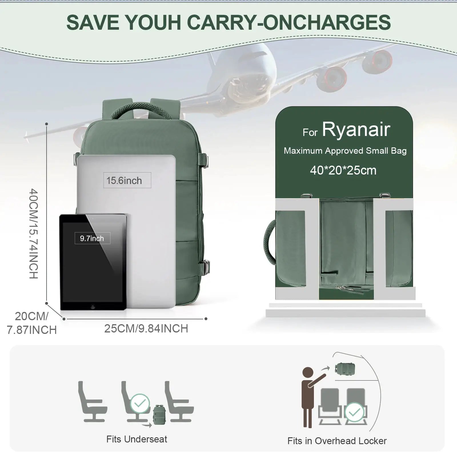 Ryanair Cabin Backpack 40x20x25 Travel Laptop Backpack for Men and Women with 180 Degree Opening