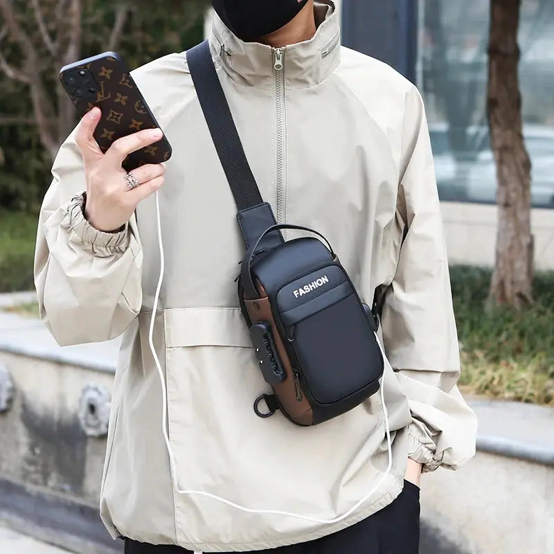 Men's anti-theft chest bag crossbody with USB charging, black body with brown side panels