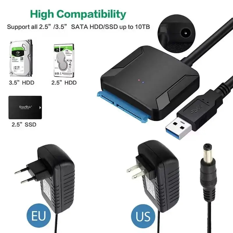 USB 3.0 to SATA HDD Adapter for 2.5 and 3.5 Inch Drives with SATA III Support and 12V 2A Power Adapter