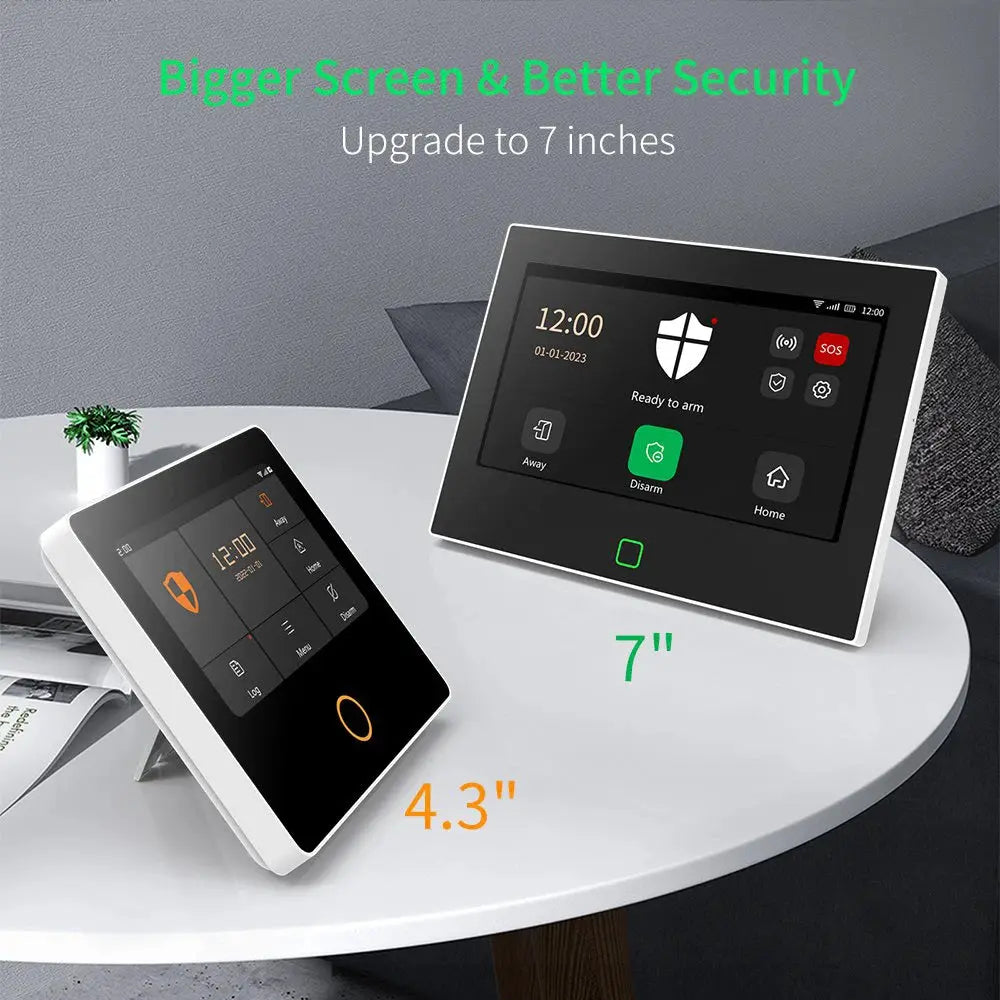 Staniot 7-inch wireless white home alarm system; Tuya smart security kit with 7-inch and 4.3-inch touchscreens