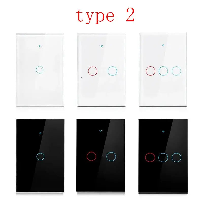 RF433 US WiFi smart wall switches by Simples Market; six touch-LED panels in white and black.